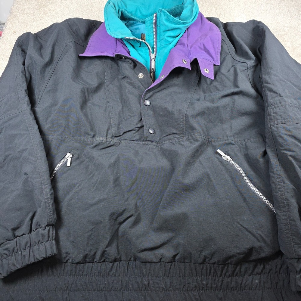 VTG Eddie Bauer Windbreaker Jacket Mens L Black Blue Goose Down Pullover Skiing